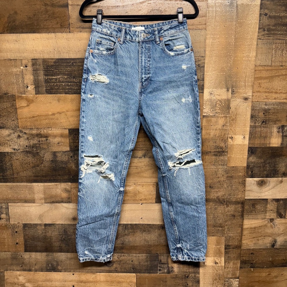 ZARA Distressed High Rise Straight Leg Jeans Light Wash USA Size 4